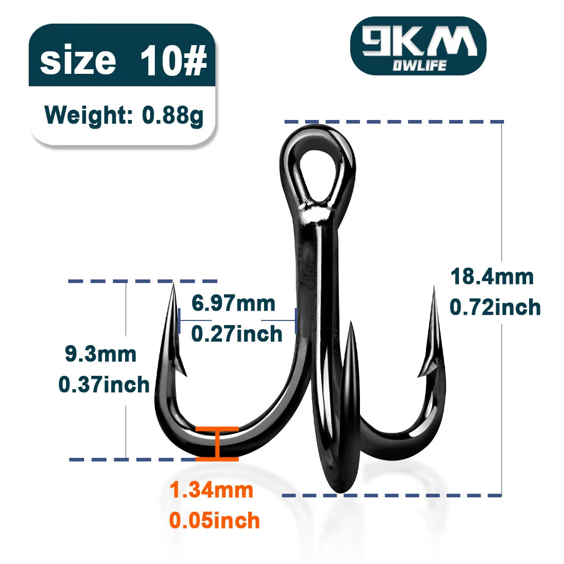 9KM 4X Treble Fishing Hooks - High Carbon Steel, Sharp, Replacement for Lures