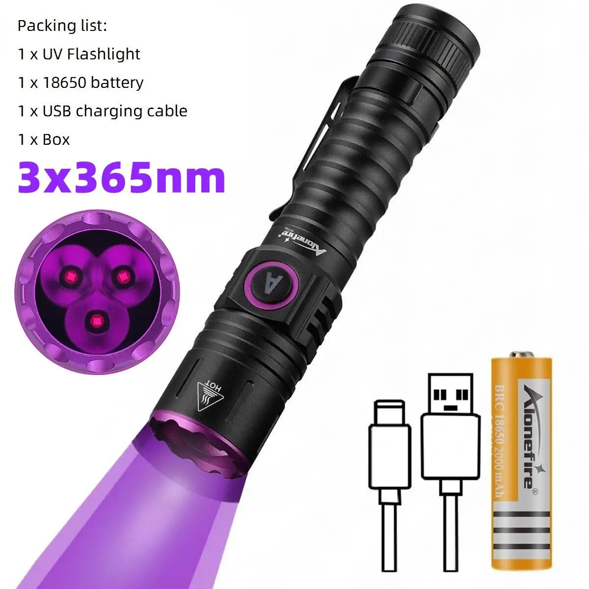 15W High Power UV 395/365nm USB Rechargeable Flashlight