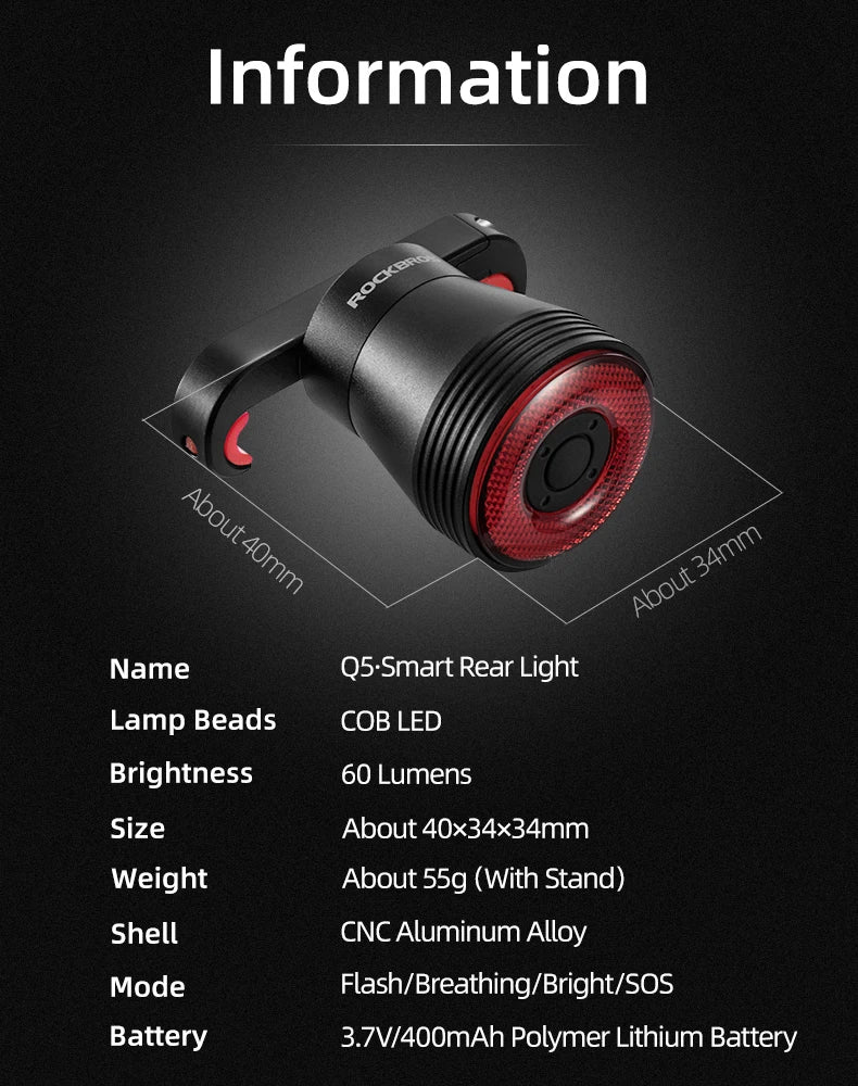 ROCKBROS Bicycle Smart Auto Brake Sensing Light