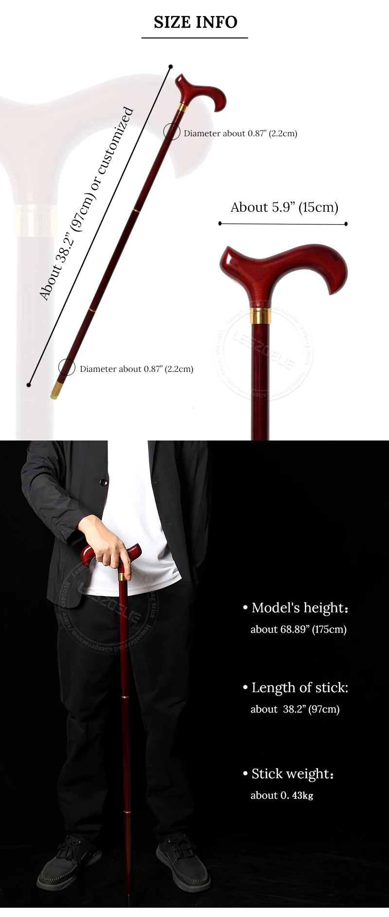 97cm Red Wooden Handle 3-Pieces Walking Stick