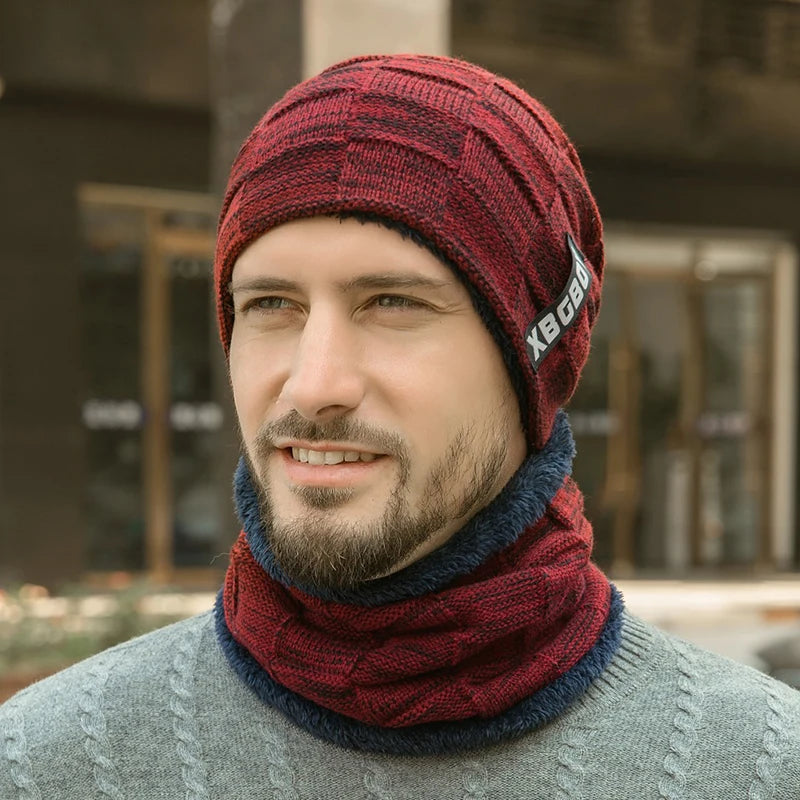 Mens Beanie Hat 2pcs Ski Cap and Scarf Winter Warm Woolly Hats