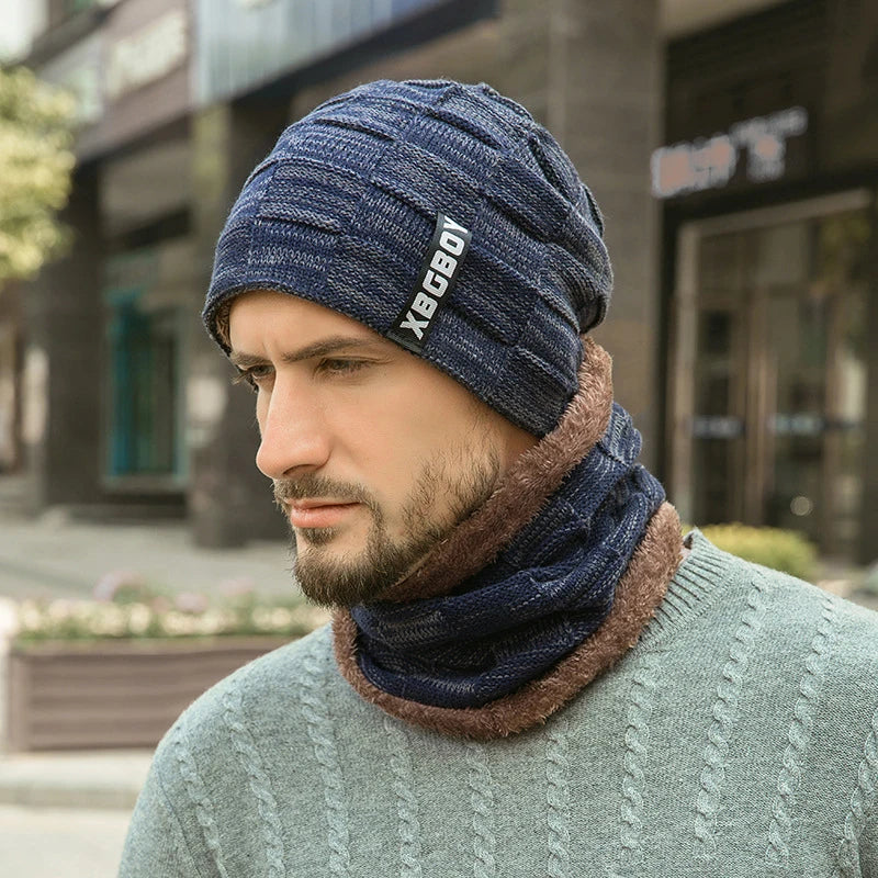 Mens Beanie Hat 2pcs Ski Cap and Scarf Winter Warm Woolly Hats
