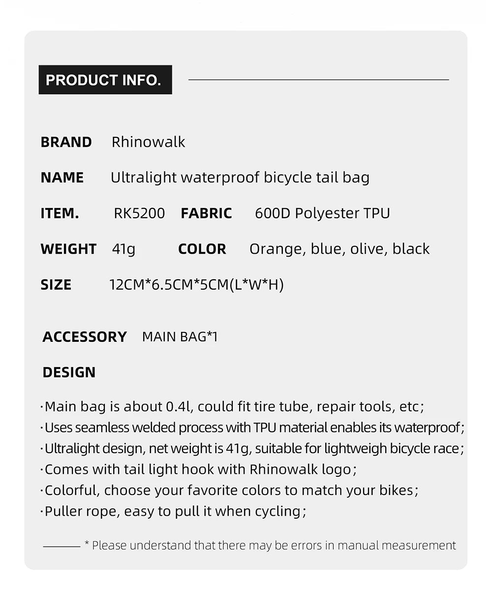 Rhinowalk Bicycle Saddle Bag – Waterproof Bike Seatpost Tail Bag