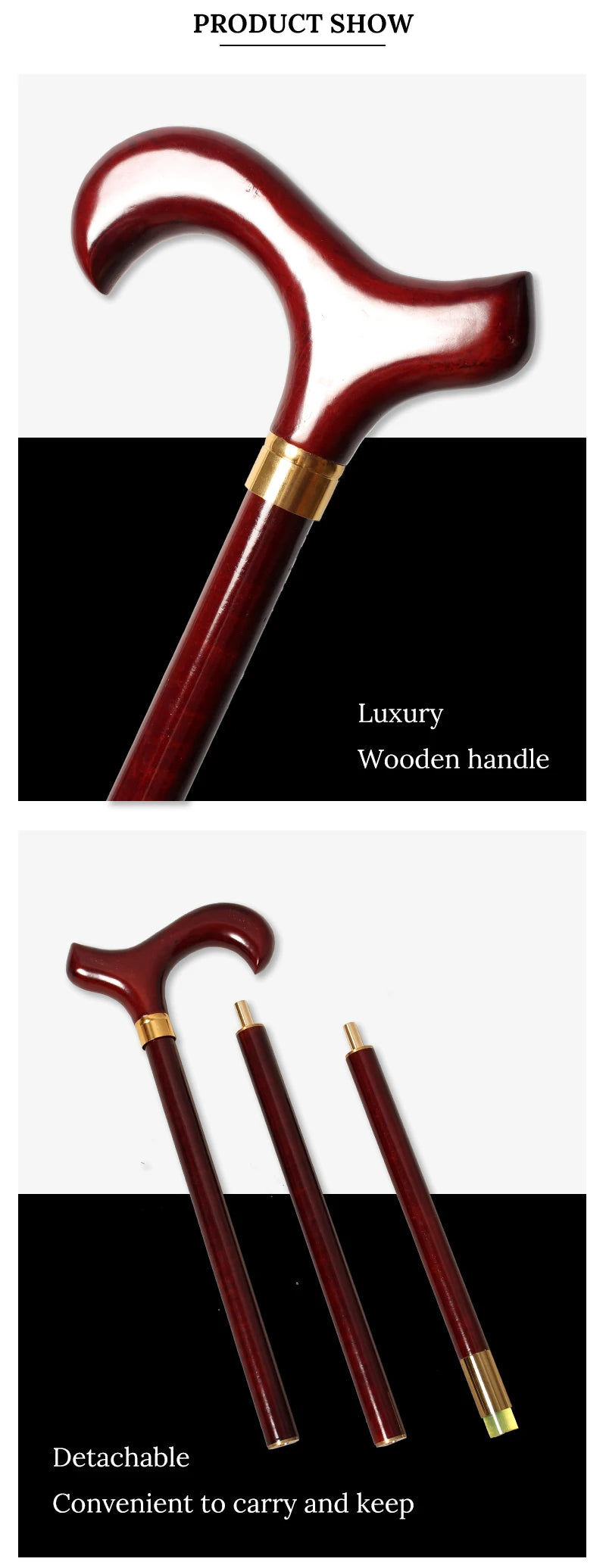 97cm Red Wooden Handle 3-Pieces Walking Stick