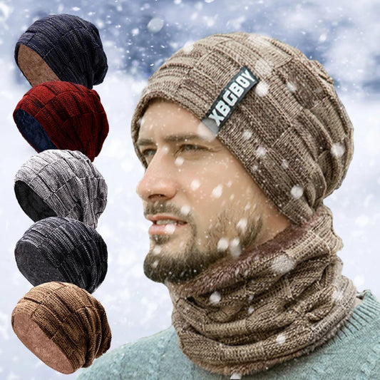 Mens Beanie Hat 2pcs Ski Cap and Scarf Winter Warm Woolly Hats