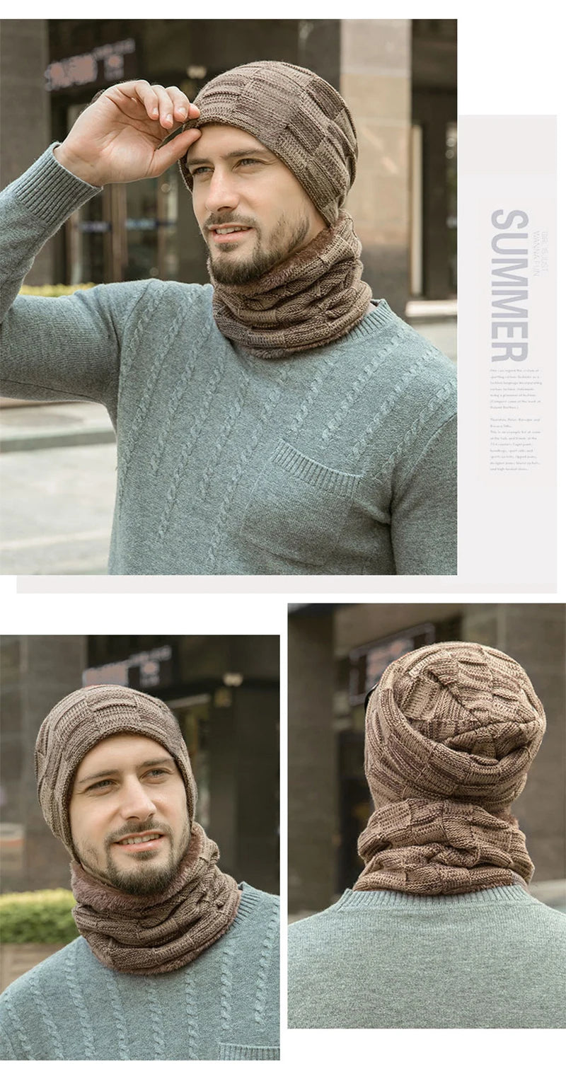 Mens Beanie Hat 2pcs Ski Cap and Scarf Winter Warm Woolly Hats