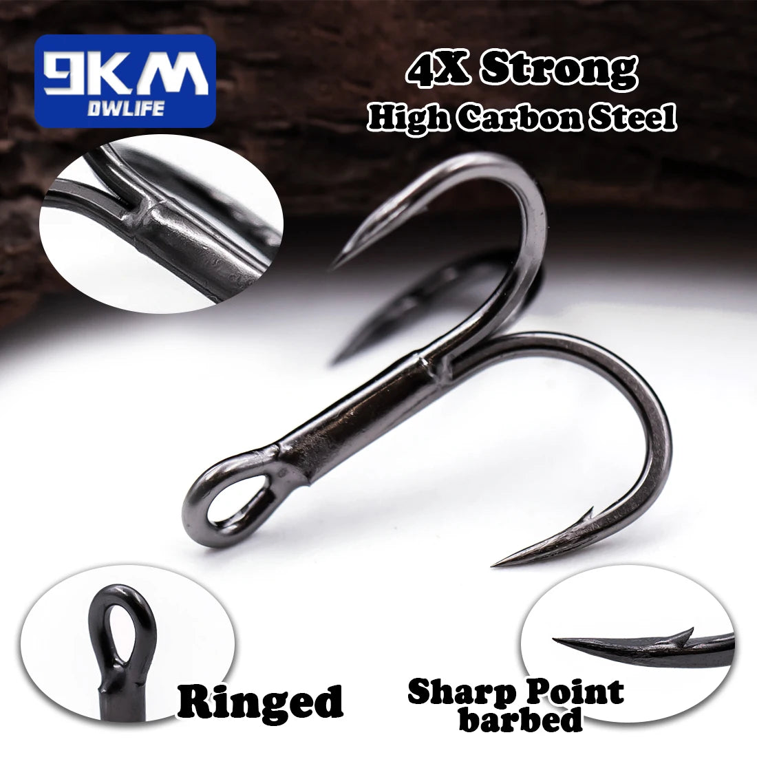 9KM 4X Treble Fishing Hooks - High Carbon Steel, Sharp, Replacement for Lures