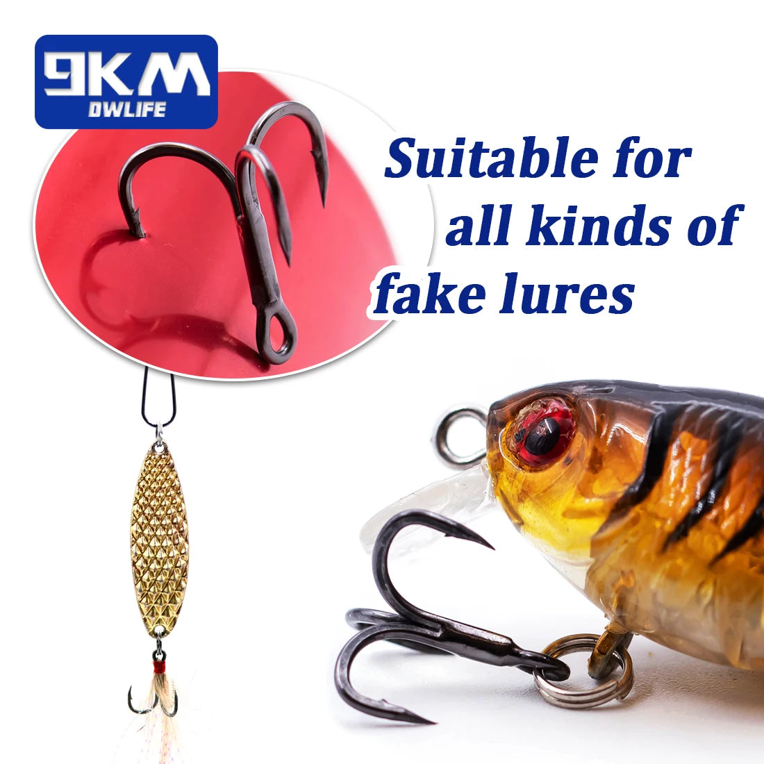 9KM 4X Treble Fishing Hooks - High Carbon Steel, Sharp, Replacement for Lures
