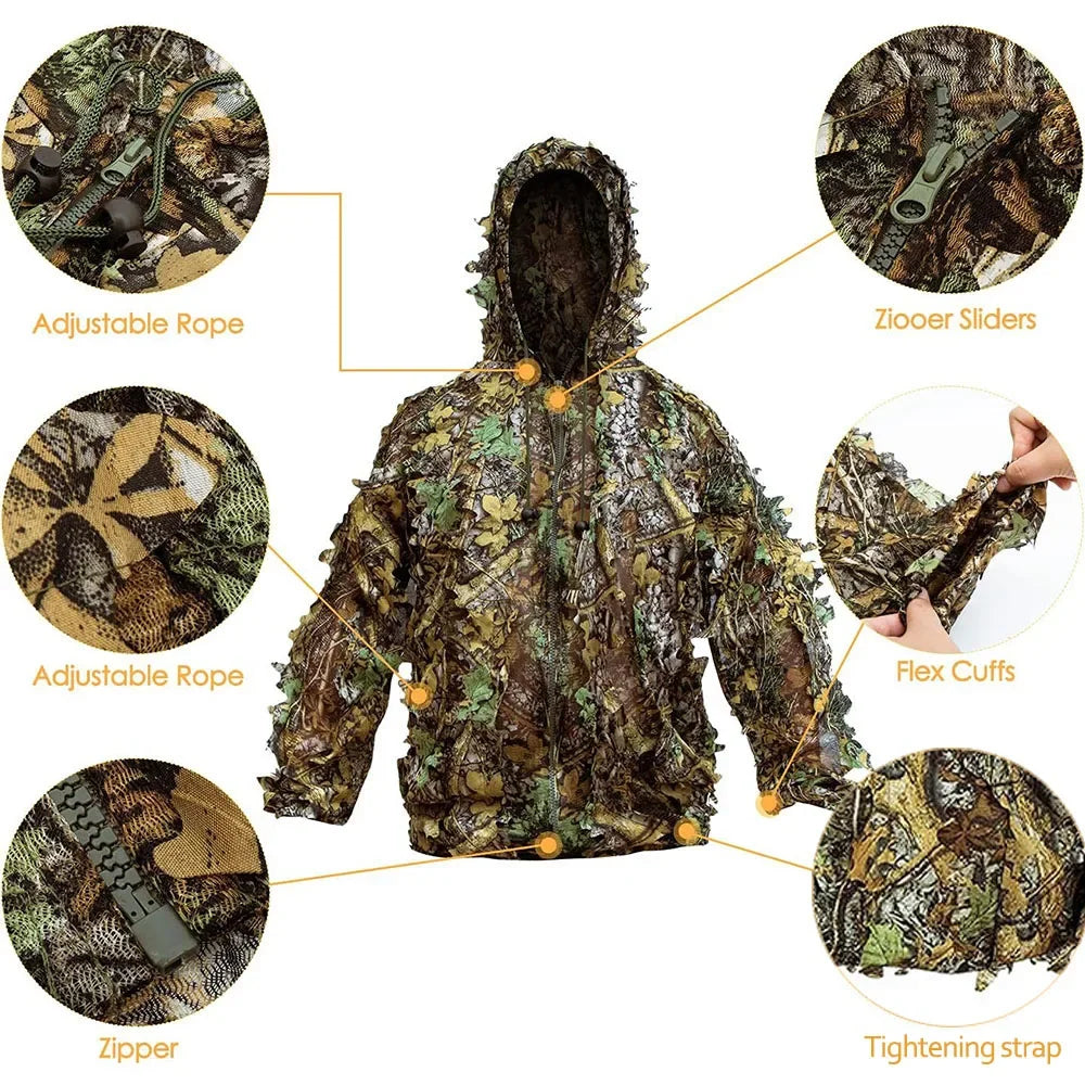 Ghillie Suit Men Women Kids 3D Leafy Bionic Camouflage Hunting Clothing: