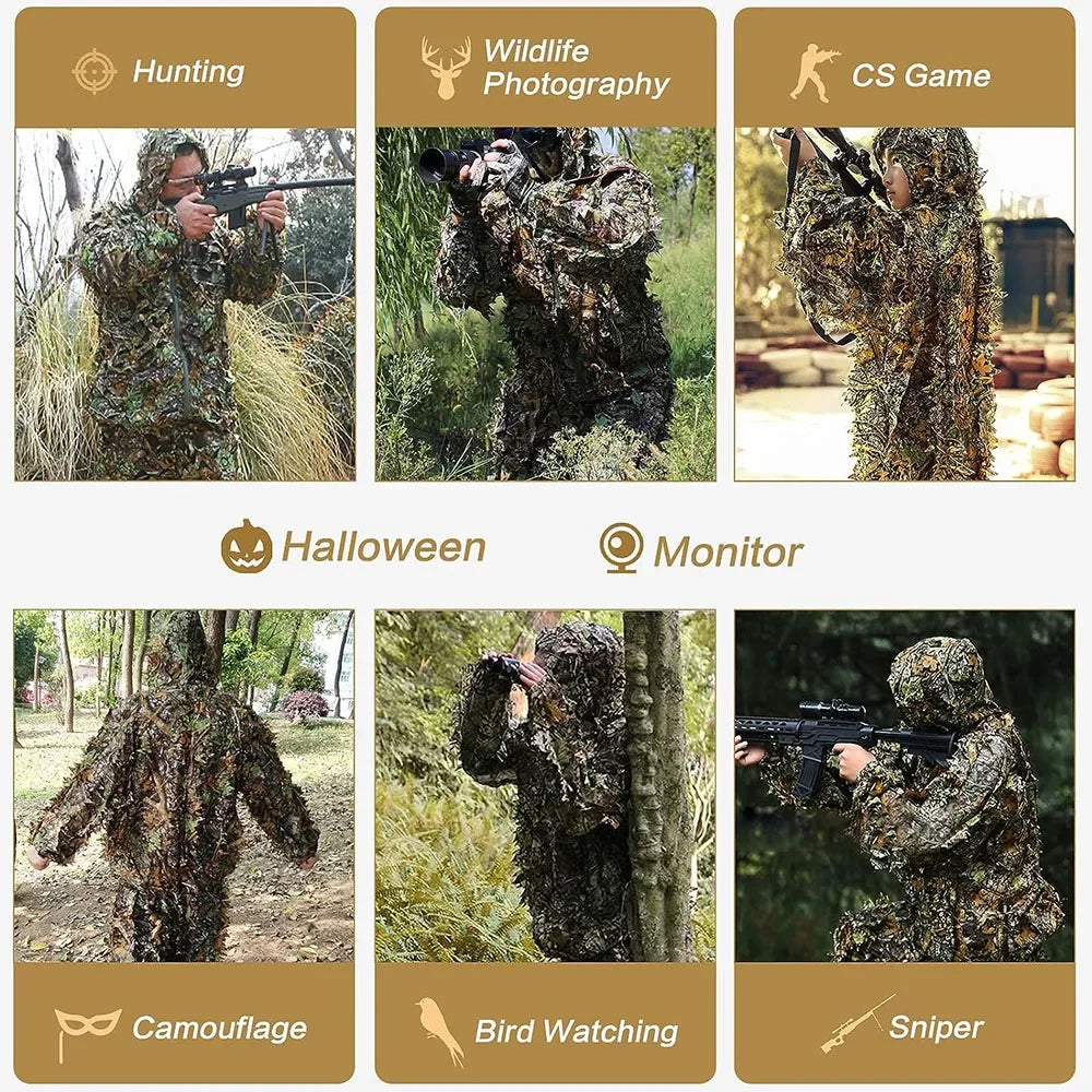 Ghillie Suit Men Women Kids 3D Leafy Bionic Camouflage Hunting Clothing: