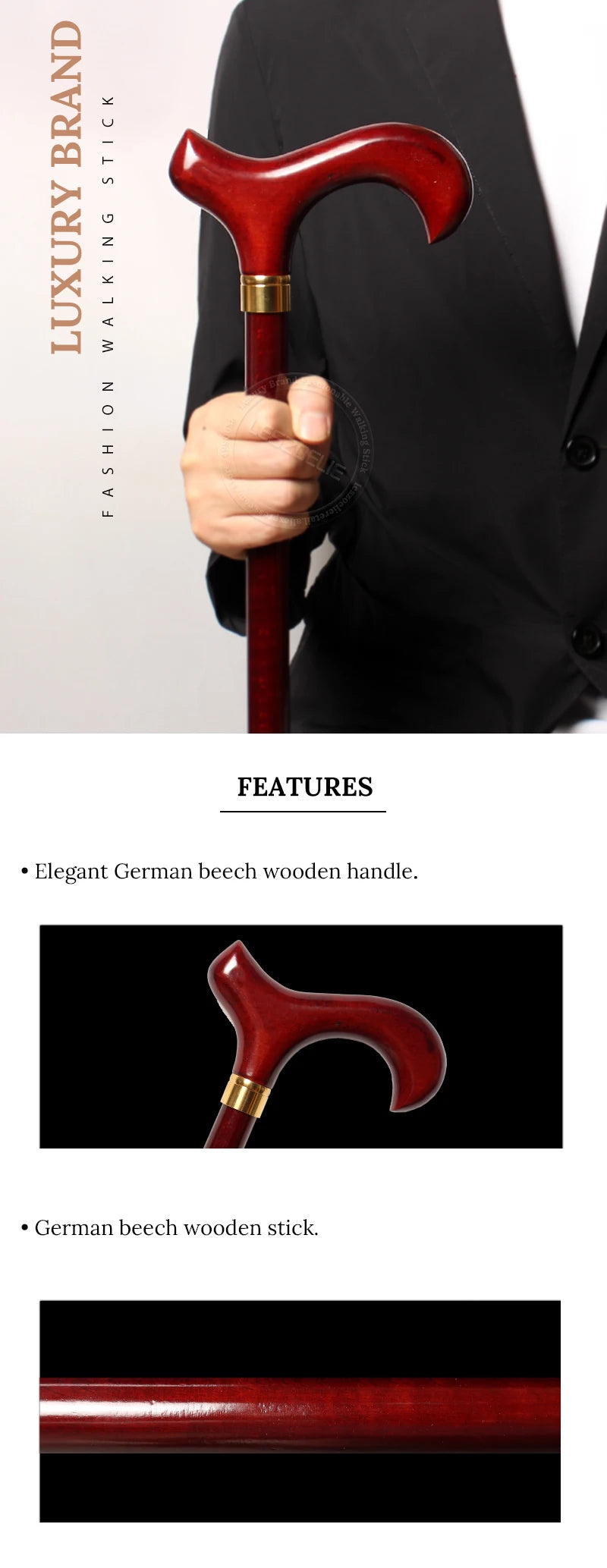 97cm Red Wooden Handle 3-Pieces Walking Stick