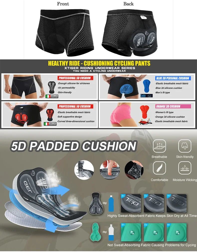 X-TIGER Men’s Cycling Underwear Shorts – 5D Gel Padded, Breathable & Non-Slip
