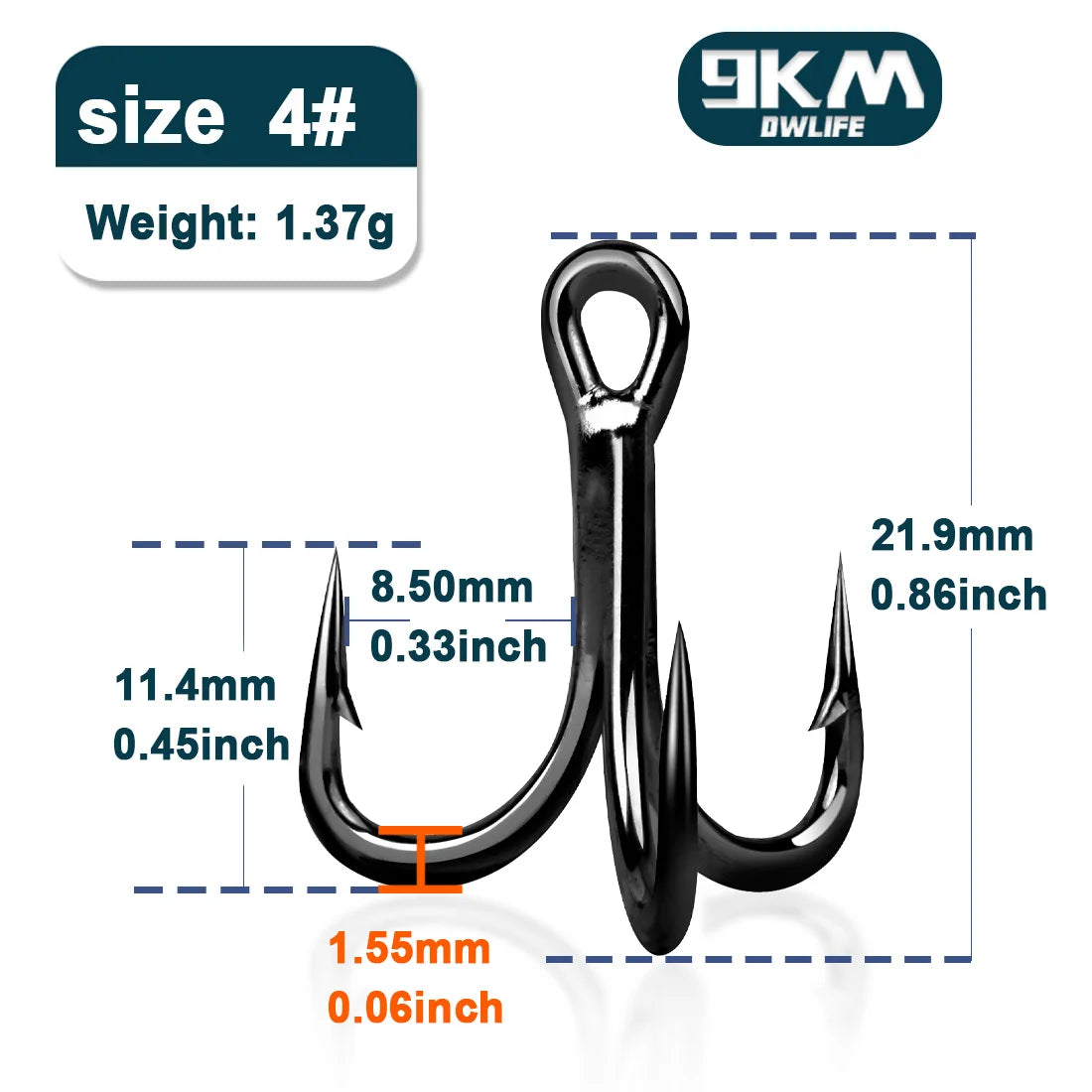 9KM 4X Treble Fishing Hooks - High Carbon Steel, Sharp, Replacement for Lures