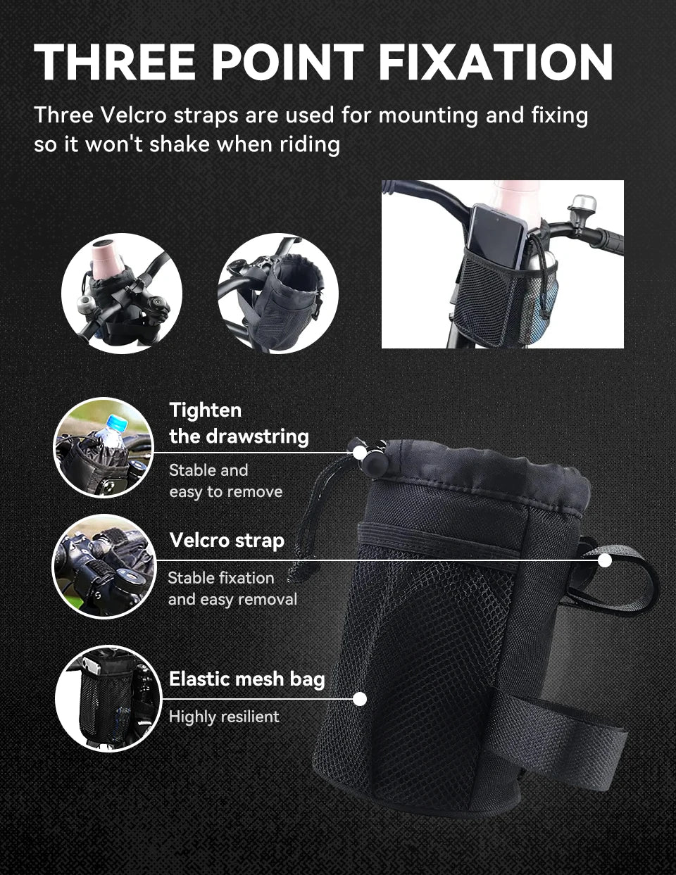 2-in-1 Bicycle Handlebar Phone Holder & Water Bottle Holder with Mesh Pocket