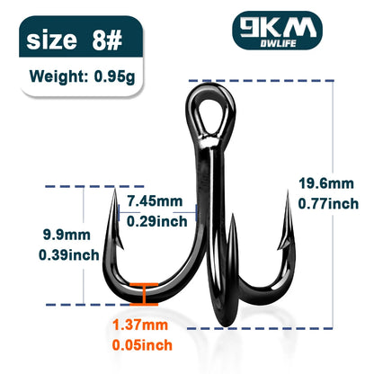 9KM 4X Treble Fishing Hooks - High Carbon Steel, Sharp, Replacement for Lures