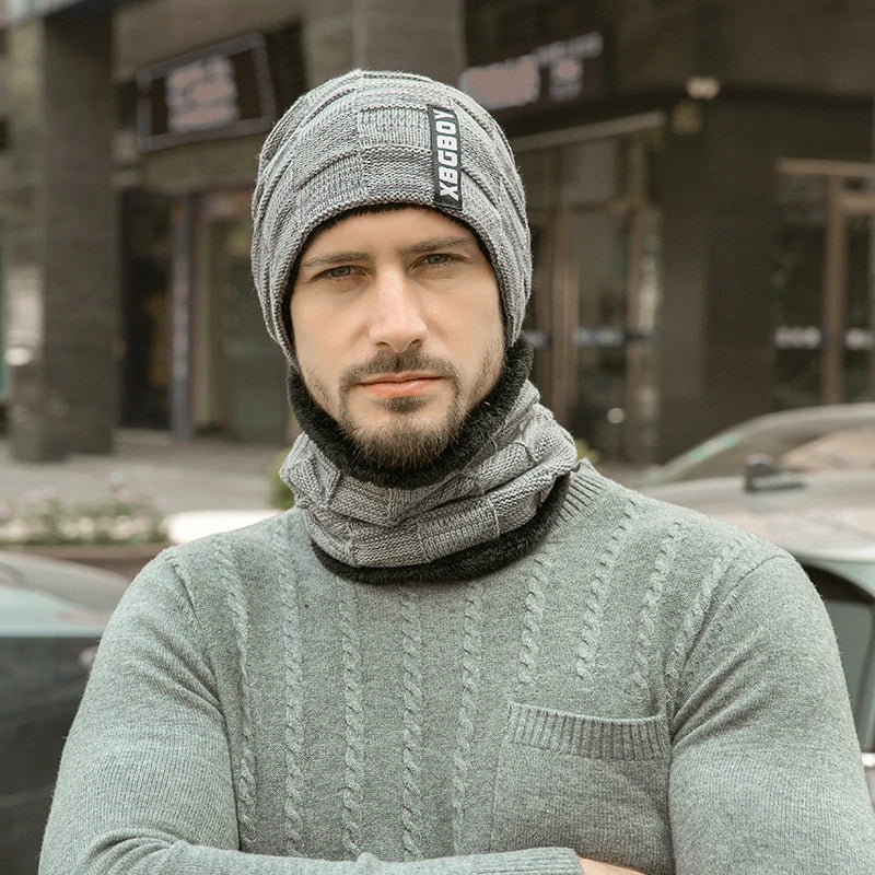 Mens Beanie Hat 2pcs Ski Cap and Scarf Winter Warm Woolly Hats