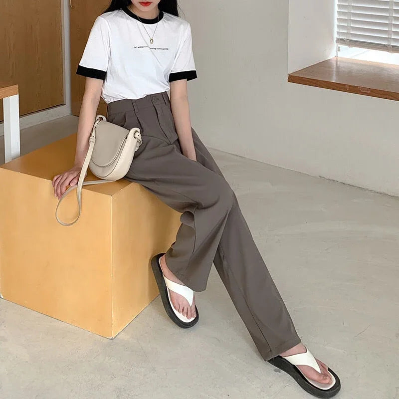 High Waist Women Suit Pants Fall Straight Office Ladies Korean Fashion Trousers