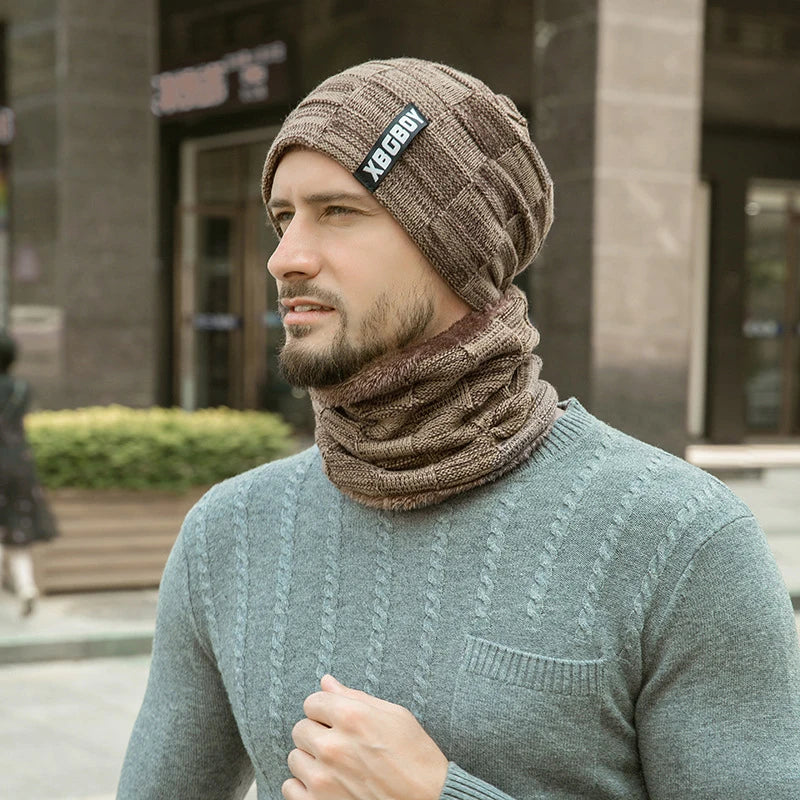 Mens Beanie Hat 2pcs Ski Cap and Scarf Winter Warm Woolly Hats