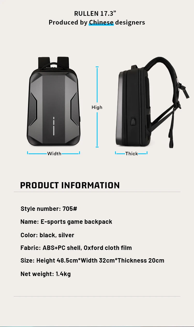 17.3" Hard Shell Laptop Backpack – Waterproof Business & E-Sports Bag