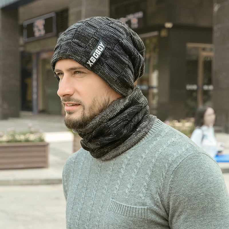 Mens Beanie Hat 2pcs Ski Cap and Scarf Winter Warm Woolly Hats