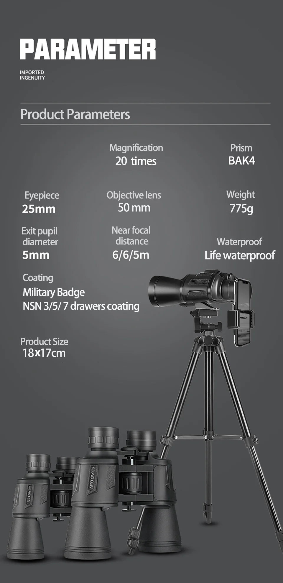 German Military 20X50 Zoom HD BAK4-Prism Powerful Binoculars