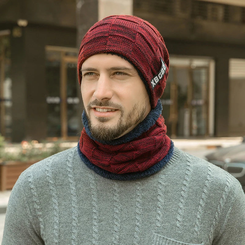 Mens Beanie Hat 2pcs Ski Cap and Scarf Winter Warm Woolly Hats