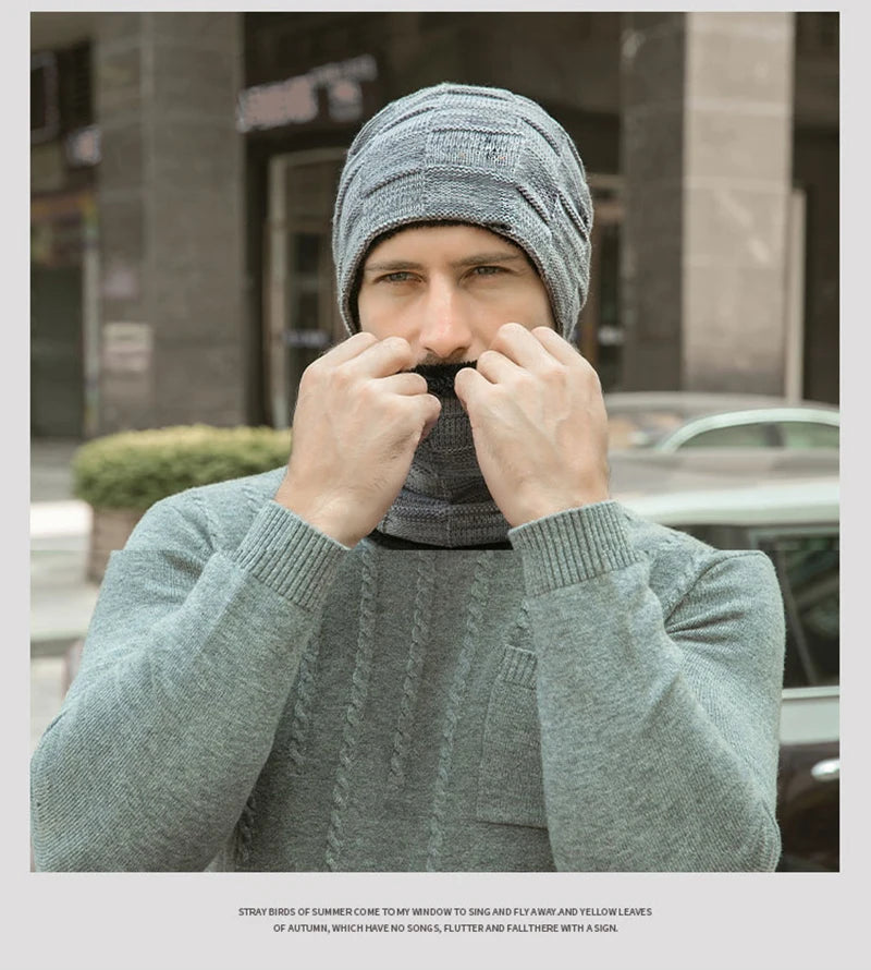 Mens Beanie Hat 2pcs Ski Cap and Scarf Winter Warm Woolly Hats