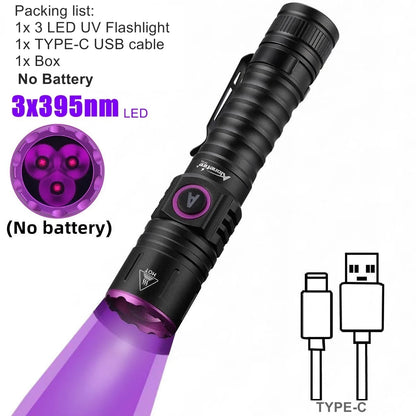 15W High Power UV 395/365nm USB Rechargeable Flashlight