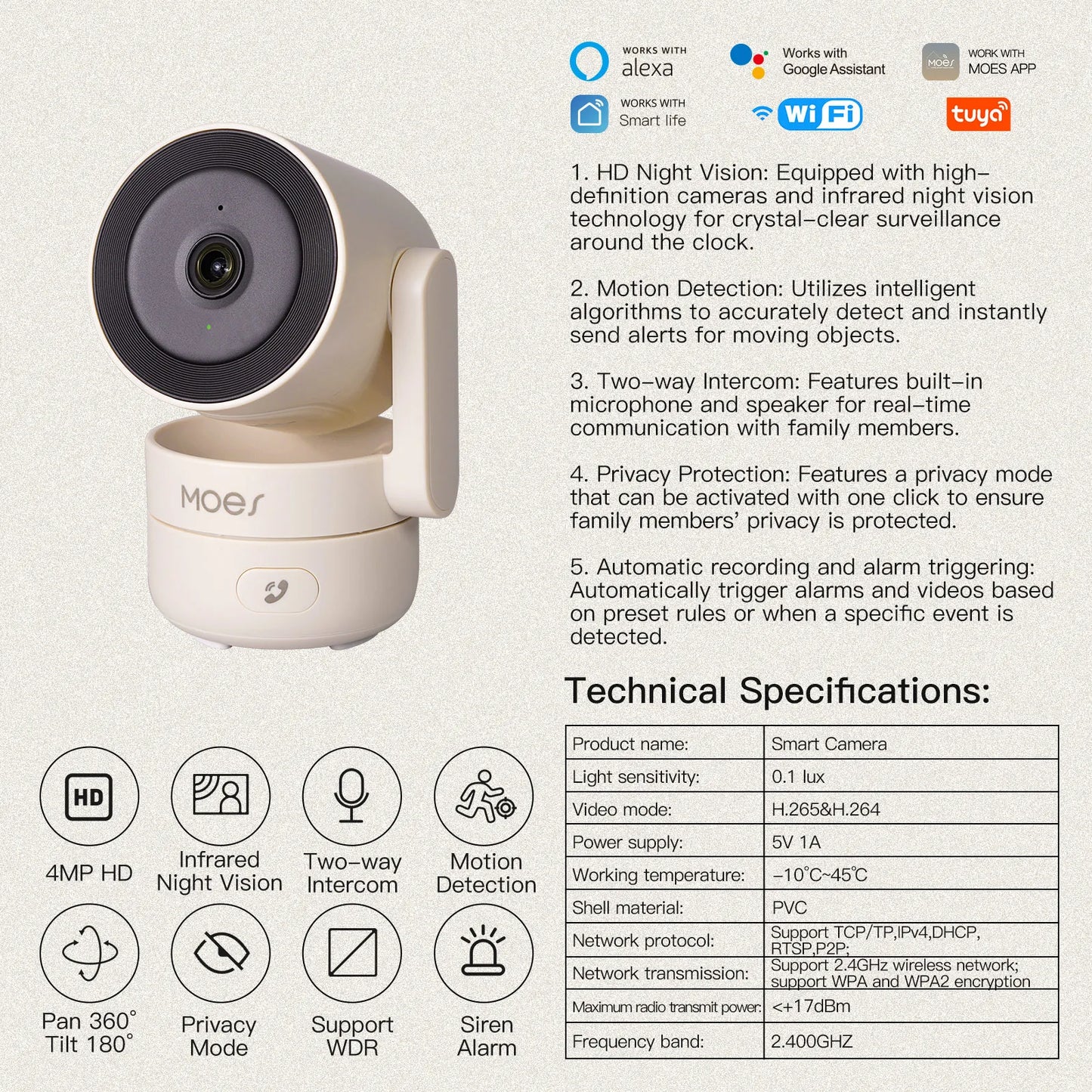 MOESTuya WiFi Indoor Pan/Tilt Smart Security Camera