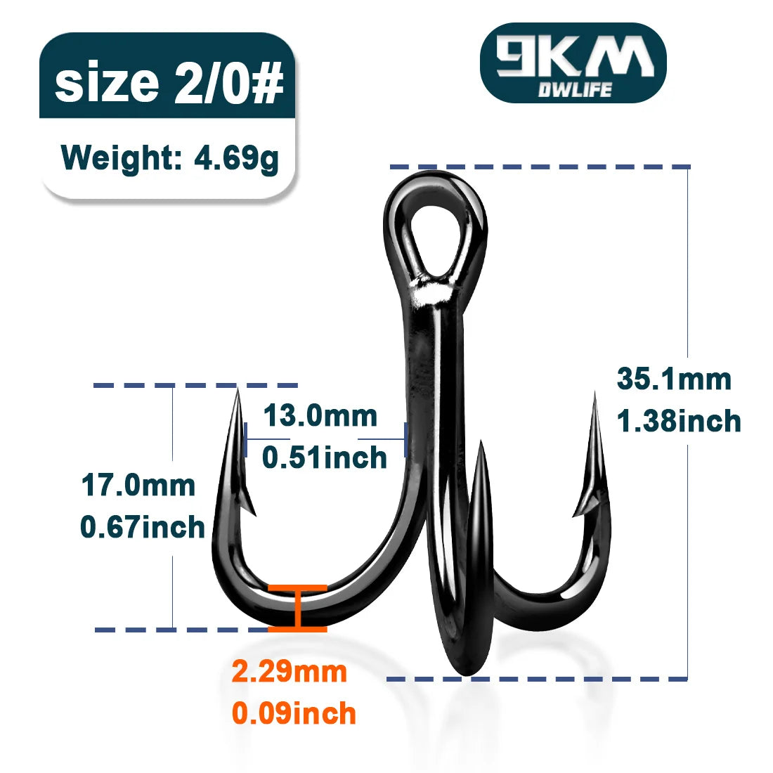 9KM 4X Treble Fishing Hooks - High Carbon Steel, Sharp, Replacement for Lures