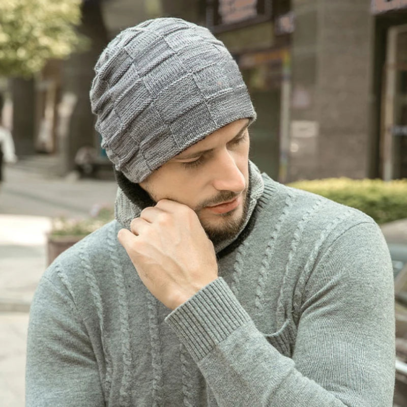 Mens Beanie Hat 2pcs Ski Cap and Scarf Winter Warm Woolly Hats